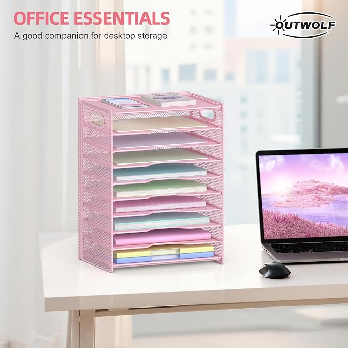OUTWOLF 10 Tier Paper Organizer - Letter Tray Mesh Desk File Organizer with Handles for Office School Desktop, Pink - Image 2
