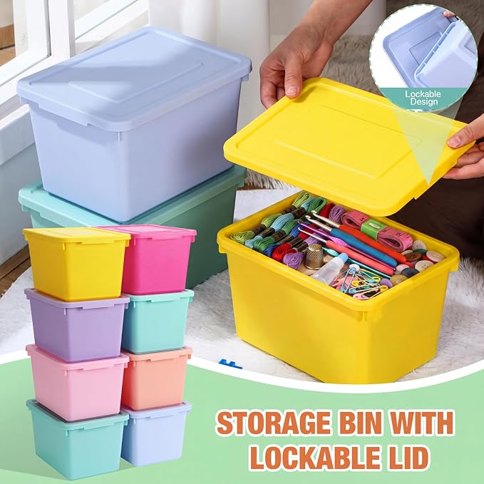 Potchen 8 Pack Small Stackable Storage Bins with Lids Plastic Storage Boxes for Classroom 9.8" ×7.3" ×5.7" Decorative Organizer Bins for Craft Art Office Teacher Supplies (Mixed Color) - Image 3