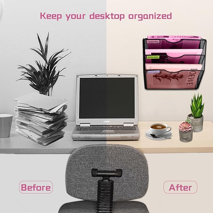 3 Pockets Mesh Wall File Holder Organizer Office Hanging File Folder Magazine Rack, Nametag Label Hooks Set Included (Black) - Image 6