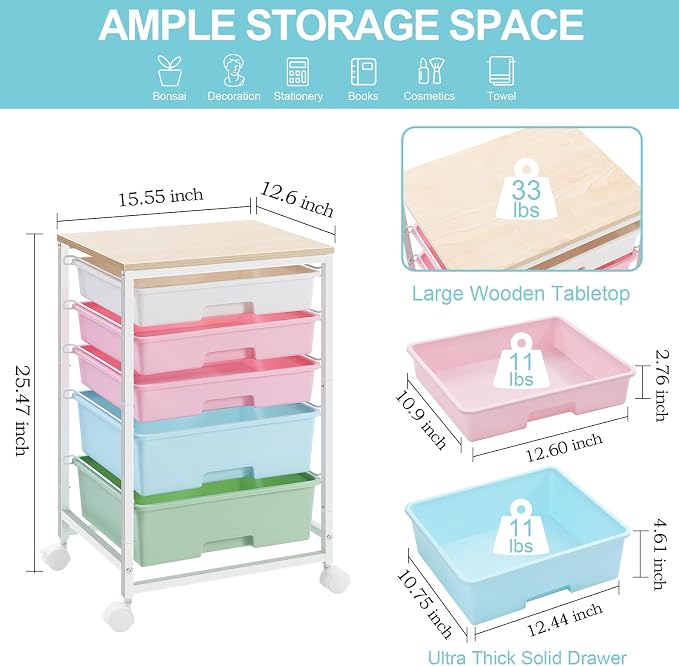 SYKIARIOL Utility Cart with 5 Drawers with Wooden Top, Rainbow | 5-Tiers Storage Cart with Drawers with Lockable Wheels for Craft Organizers and Storage,Home Office,Classroom,Dorm ,Playroom - Image 3