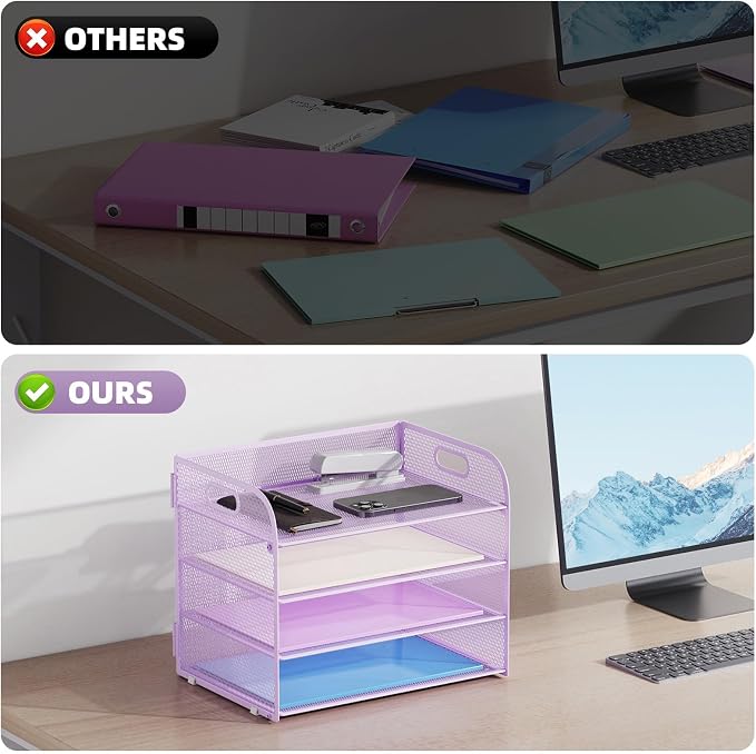 Marbrasse 2 Pack 4 Tier Paper Organizer Letter Tray - Mesh Desk File Organizer with Handle, Paper Sorter Organizer for Letter/A4 Office File Folder Holder (Purple, 12.6" x 9.1" x 10.7") - Image 2