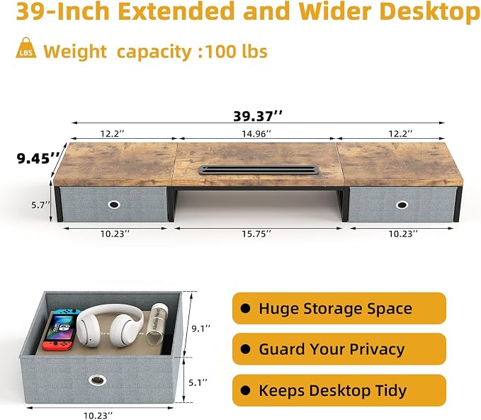39 Inch Dual Monitor Stand Riser with 2 Drawers - Large Brown Wooden Computer Stand for 2 Monitors, Ergonomic Desk Organizer with Phone Holder, Desktop Storage for Laptop, Office Supplies, Home Office - Image 7