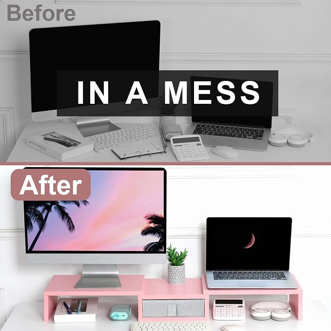 TEAMIX Pink Dual Monitor Stand Riser with Drawer - Length and Angle Adjustable Double Corner Desk Shelf Organizer 37 inch for 2 Laptop/PC/Screen/TV - Image 7