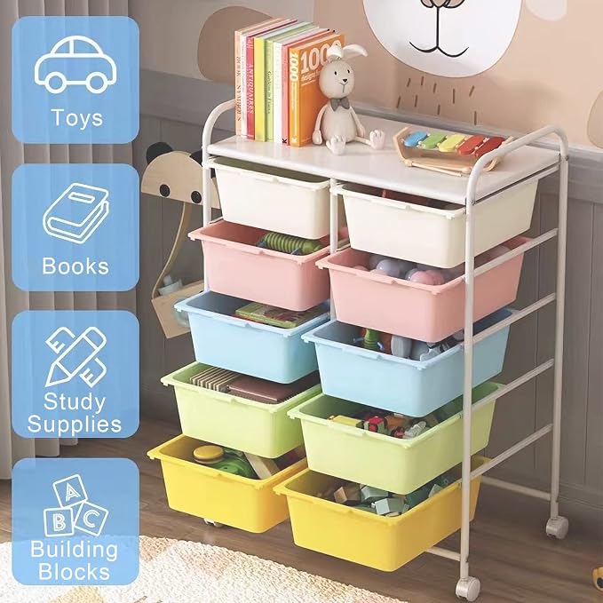 Ytaoka 10 Drawers Rolling Storage Cart, Plastic Drawer Cart with Metal Frame, Multipurpose Art Craft Cart Organizer with Wheels, Utility Cart with Drawers for Home, Office, School, Multicolor - Image 6