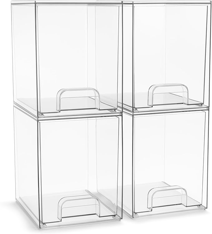 Sorbus Acrylic Storage Containers - 4 Pack, Stackable Storage Bins Set for Bathroom Organization - Clear Acrylic Drawer Organizers - Makeup Case Pull-Out Drawers (7.6’’ Tall) by Sorbus