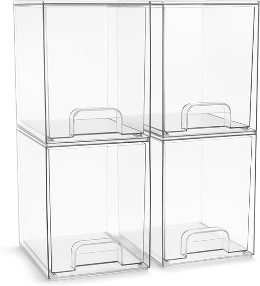 Sorbus Acrylic Storage Containers - 4 Pack, Stackable Storage Bins Set for Bathroom Organization - Clear Acrylic Drawer Organizers - Makeup Case Pull-Out Drawers (7.6’’ Tall) by Sorbus