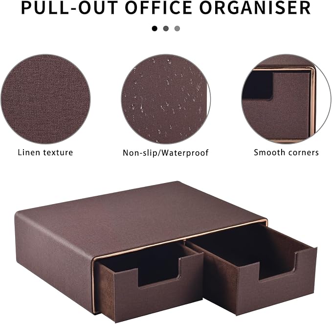 Linen Leather Desk Organizer and monitor stand with Drawers－Mini Desktop Drawer Organizer Stackable－Tabletop Organization Storage Box for Office Supplies Home Vanity Toiletries (Brown, 2-drawers) - Image 5