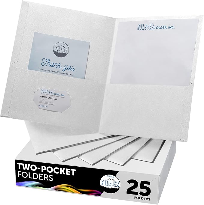 FILE-EZ Two-Pocket Folders, White, 25-Pack, Textured Paper, Letter Size (EZ-32510) by FILE-EZ