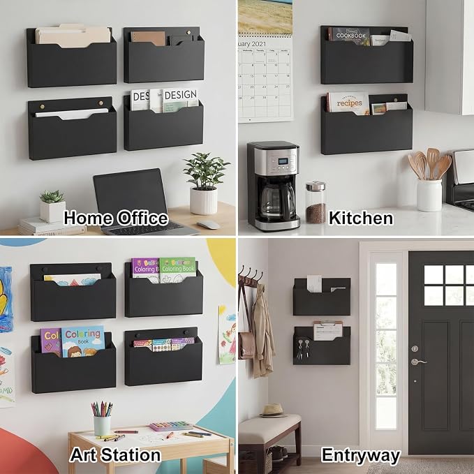 Feifeiya 1 Pack 14"x8.3"x2.4" Black Acrylic Wall File Holder Organizer Wall Mount Magazine Document Brochure Mail Pocket Durable File Storage with 3 Colors Screw Cap for Office Home Waiting Room Use - Image 6