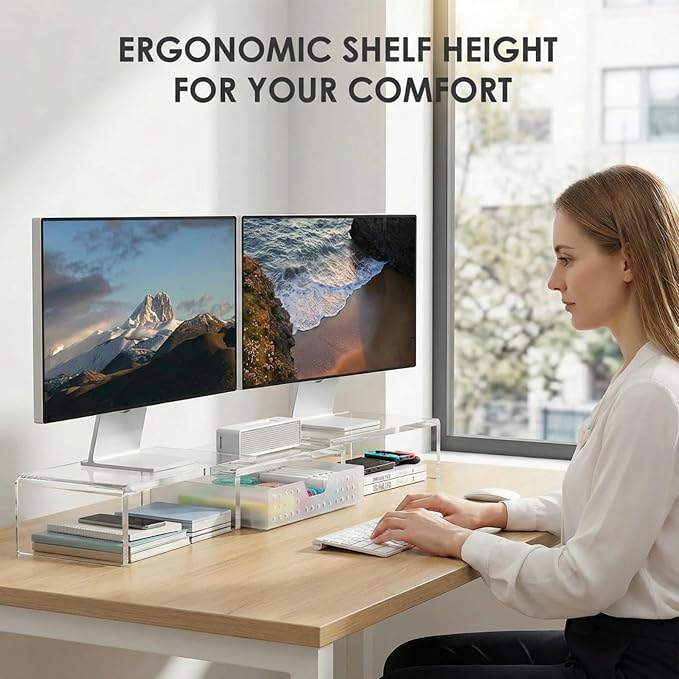 Clear Acrylic Desk Organizers and Accessories, Dual Monitor Stand Riser with Drawer, Desk Shelf Computer Racks for Office Workspace Organizers, Desktop Organization (Transparent) - Image 2