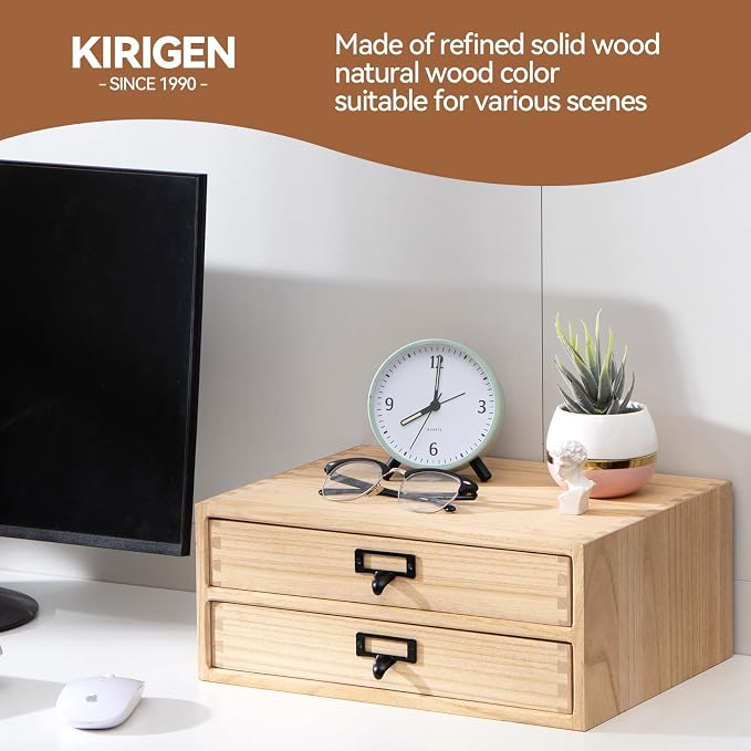 KIRIGEN Solid Wood Desk Organizer with 2 Drawers, Desktop Storage, Natural | 2-Drawer Cabinet for Printer Paper, Mail, Notebooks, and Office Supplies, 13.78 x 10.6 x 5.9 In, Fully Assembled - Image 7