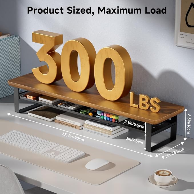 Dual Monitor Stand, 35.4 Inch Monitor Stand Riser for 2 Monitors, 2 Tiers Wood Desk Shelf with Storage, Desktop Organizer Stand for Computer, Laptop, Printer, TV - Image 2