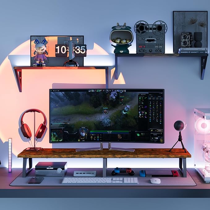 TEAMIX 42 inch Large Dual Monitor Stand Riser,TV Riser,Desk Shelf Organizer | Extra Long Computer Stand, Wood & Steel, Holds 300lbs, Keyboard/PS5/Soundbar Storage Underneath, For Home Office & Gaming - Image 6