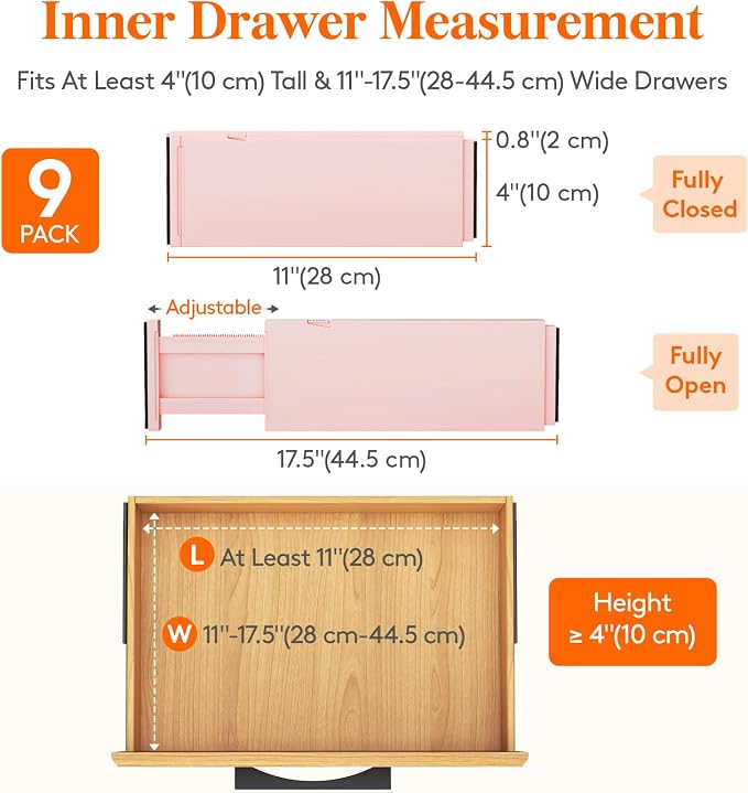 Lifewit 9 Pack Drawer Dividers 4" High 28-43.5cm/11-17" Adjustable Drawer Organizer for Clothes/Utensils, Expandable Drawer Separator in Dresser/Kitchen/Bedroom/Office Organization & Storage Pink - Image 2