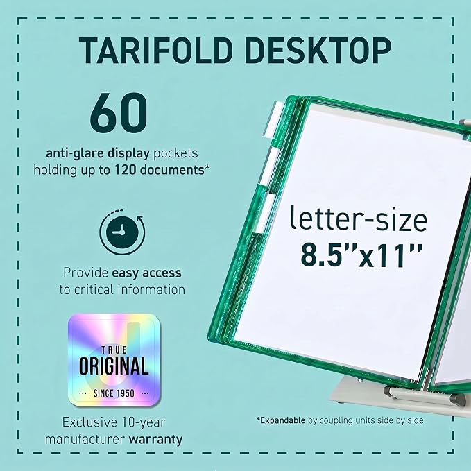 Tarifold Desktop Reference Display System, 60 Pockets, Green | 60 Double-Sided PVC Pockets, Holds 120 Letter-Size Sheets, Sturdy Metal Base, Quick-Find Indexing, Quick and Easy to Assemble - Image 2