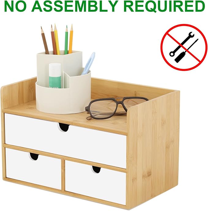 Bamboo Desk Organizer with Drawers, Desktop Storage for Office Supplies | 3 Drawers Desktop organizer, No Assembly Required, Natural Wood Wooden Desktop Drawers Box for Bills, Cosmetics, Seals, Paper - Image 4