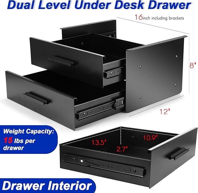 16'' Under Desk Drawer Slide-out Steel Under Counter Drawers Storage Organizer Large Hidden Pull-out Tray for Table Desks Home Office Workstation(Black,2 Layer) - Image 2