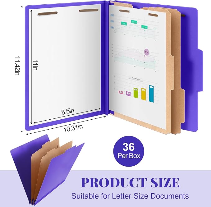 Skyygemm 36 Pcs Classification Folders Letter Size, 2 Divider Pressboard File Folders with 3. 5 Inch Expansion, 2 Prongs Fastener, Heavy Duty Office File Organizers for Teachers, Medical (Purple) - Image 2