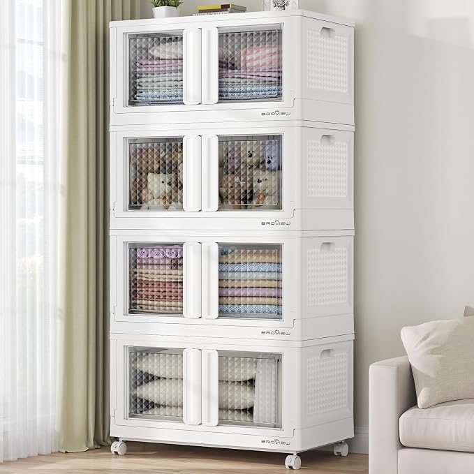 BROVIEW 400Qt Stackable Storage Bins with Lids, 100Gal Closet Organizers and Storage Drawer, Plastic Collapsible Storage Bins with Doors, Heavy Duty Store Box Cabinet for Home Kitchen, 4Pack White by BROVIEW-EnjoytheArtofLife