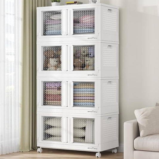 BROVIEW 400Qt Stackable Storage Bins with Lids, 100Gal Closet Organizers and Storage Drawer, Plastic Collapsible Storage Bins with Doors, Heavy Duty Store Box Cabinet for Home Kitchen, 4Pack White by BROVIEW-EnjoytheArtofLife