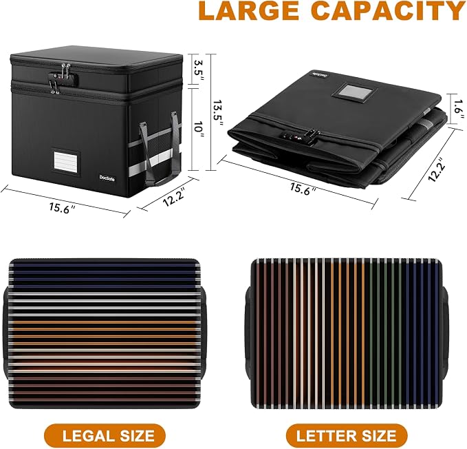 DocSafe File Box with Lock,Multi-Layer Fireproof Document Box Collapsible File Storage Organizer with Pockets/Handle,Large Portable Home Office Filing Safe for Hanging Letter/Legal Size Folders,Black - Image 5