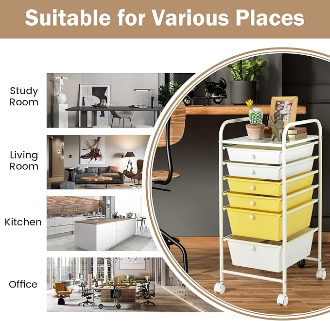 COSTWAY 6-Drawer Rolling Storage Cart, Art Craft Tools Organizer on Wheels | Multifunctional Heavy Duty Utility Mobile Storage Trolley w/ 2 Lockable Wheels for Home Office School (Yellow, Beige & Grey) - Image 7