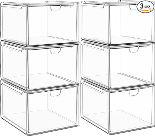 6-Pack Stackable Acrylic Storage Drawers, Small | Smooth-glide drawers, stackable, clear body, dustproof, wipe clean, 6 small, for art tools, makeup, under sink, pantry by shoeboxesanddeskorganizers