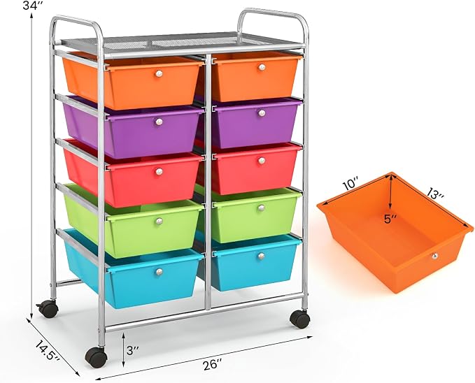 Giantex 10 Drawers Rolling Cart, Classroom Organizers, Storage Cart with Wheels, for Teacher Office Home School Supplies Tool Craft Art Paper, Rainbow Color - Image 3