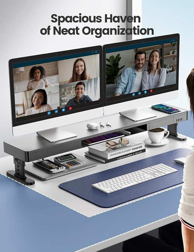 meatanty Dual Monitor Stand with 4 Adjustable Heights, Auto Phone Charging Pad, 4 USB Ports, Computer Riser with Drawers Storage, Metal Double Desk Organizer Lifter Raiser for 2 Monitors Screen Gift - Image 5