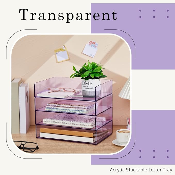 Harloon 4 Tier Clear Purple Acrylic Paper Organizer Letter Tray, Aesthetic Stackable Desk File Organizer Paper Holder Office Tray for A4, Modern Classroom Home Office File Pad Books Notes - Image 5