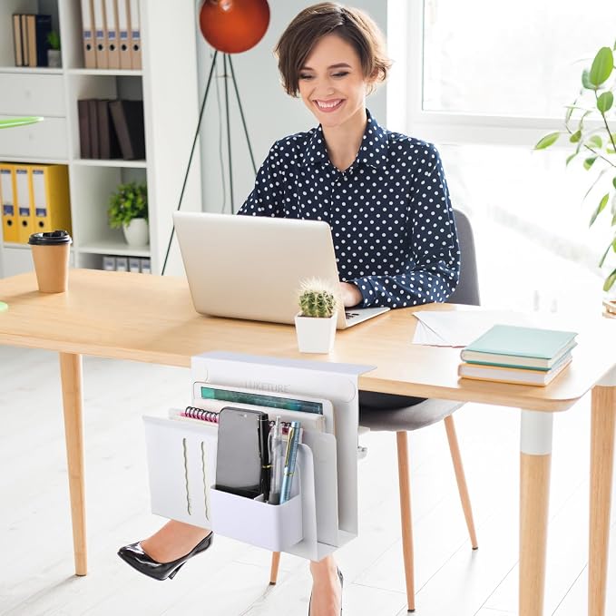 LUKETURE Desk Side Storage, 2 Tier Under Desk Laptop Mount with Pen Slot | Sturdy Steel Double Tier Strong, Magnetic Pen Holder, No Drill Clamp for Standing Desk Organizer, Fits 0.3-2.8" (White) - Image 8