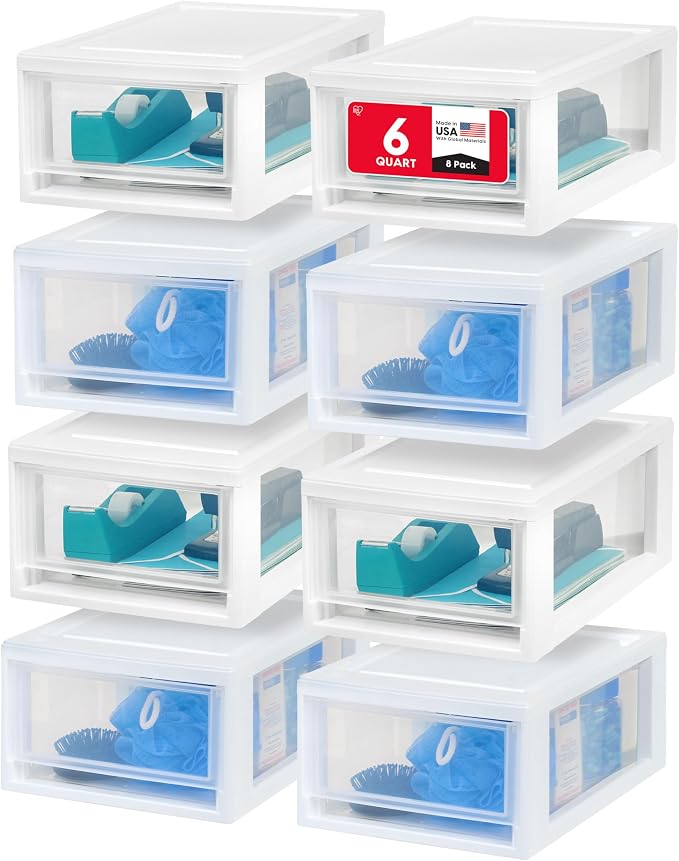 IRIS USA 8-Pack, 6 Qt. Small Stacking Drawer Storage Organizer, White | Keep craft supplies, accessories, office items, and small essentials organized around your home with separate storage spaces by IRISUSA