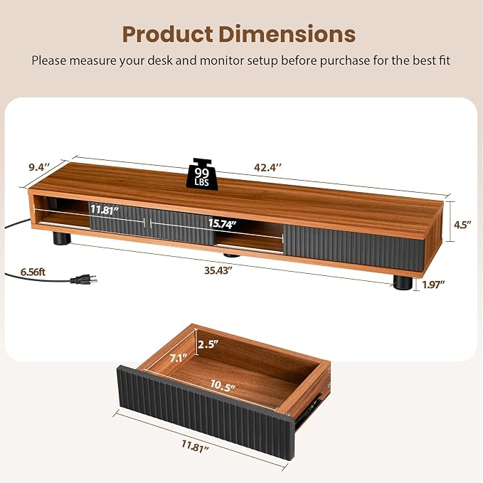 Artswish Dual Monitor Stand with Power Outlet, 42" Walnut Monitor Riser | Built-In Power Outlet, Drawer & Sliding Door Storage, Ergonomic Viewing Height, Walnut Wood Finish, For Office Work & Study - Image 3