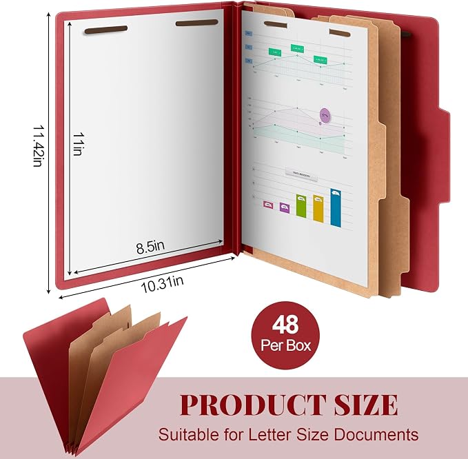 Skyygemm 48 Pcs Classification Folders Letter Size, 2 Divider Pressboard File Folders with 3. 5 Inch Expansion, 2 Prongs Fastener, Heavy Duty Office File Organizers for Teachers, Medical (Dark Red) - Image 2