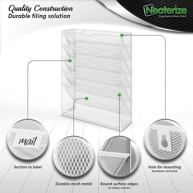 NEATERIZE Item Container, Mail Organizer for Wall, Mesh Hanging File Organizer, For Papers, Folders, Files Clipboard & Magazine Organization - Home, Office Classroom Or Doctor, Metal, White - Image 5