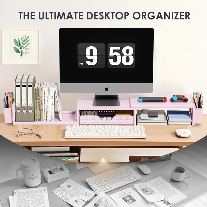 Desk Organizers and Accessories, Dual Monitor Stand Riser with Drawer and 2 Pen Holders, Desk Shelf Computer Racks for Office Workspace Organizers, Desktop Organization (Pink) - Image 5