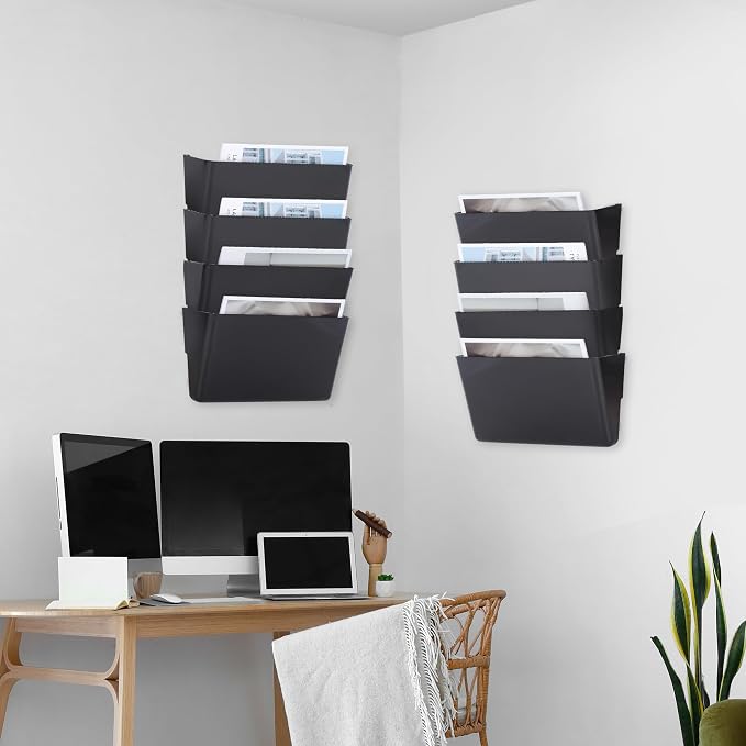 8 Pack Black Plastic Single Pocket Hanging File Organizer, Wall Mount Paper Mails Magazines Holder, Mounted Folder Bins for Office School and Home, 12.99x4.13x7.48 inches - Image 5