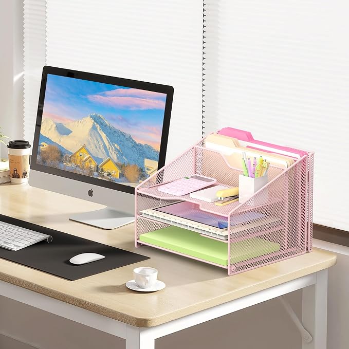 Samstar Pink Desk File Organizer, Mesh Letter File Folder Holder with 3 Paper Trays and 2 Vertical Upright Section, for Office Supplies, Desk Accessories & Workspace, Pink - Image 4