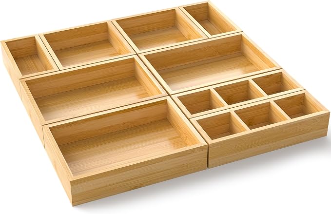 Bamboo Drawer Organizer, Set of 9 Wood Kitchen Junk Tea Desk Office Tray, Wooden Storage Boxes Organizers for Bathroom, Office (2" H 9 Boxes) - Image 8