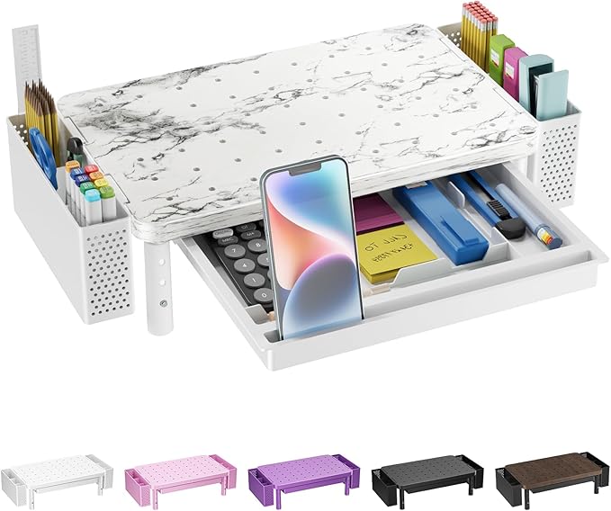 WALI Computer Monitor Stand with Storage, Desk Organizer with Drawer and Pen Holder, Desk Monitor Riser 3 Height Adjustable, Laptop Riser for Computer, Laptop, Printer(PTT003-M), 1 Pack, Marble by WALI