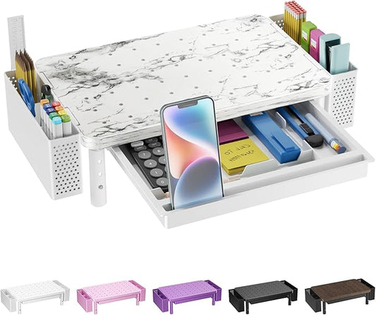 WALI Computer Monitor Stand with Storage, Desk Organizer with Drawer and Pen Holder, Desk Monitor Riser 3 Height Adjustable, Laptop Riser for Computer, Laptop, Printer(PTT003-M), 1 Pack, Marble by WALI