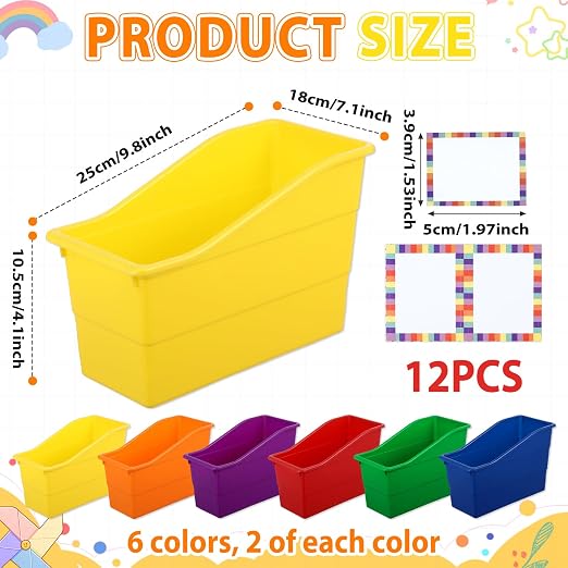 gisgfim 12 Pack Large Book Bins with Labels (Rainbow) | Durable Plastic,Stackable Magazine Organizer,Storage Bins for Classroom,Library,Office,Bookshelf Categorization - Image 2