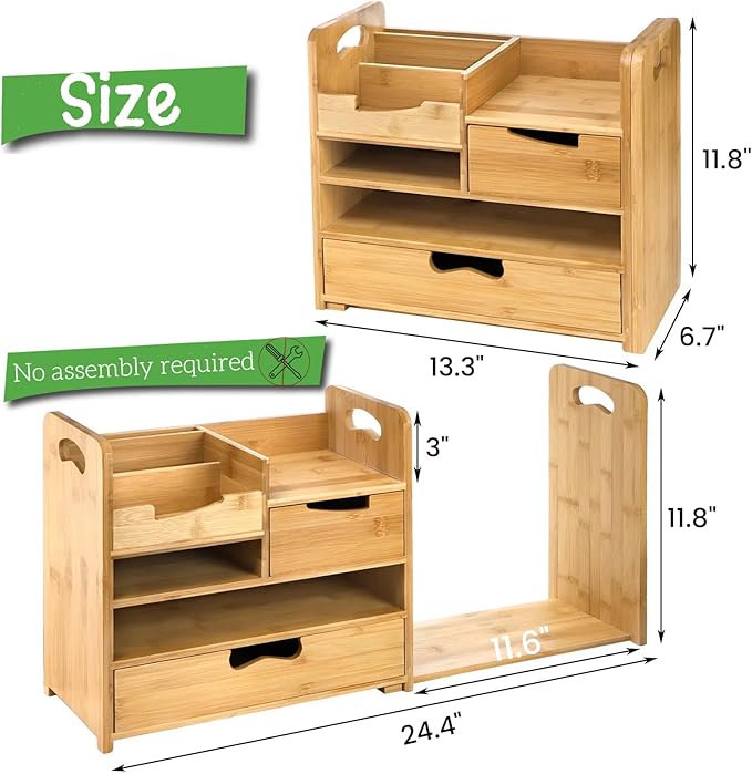 ZOOFOX Bamboo Desk Organizer with Adjustable File Holder, Mail Organizer Countertop with Drawer, 4-Tier Desktop Organization and Desk Accessories for Home Office School Supplies, No Assembly Required - Image 2