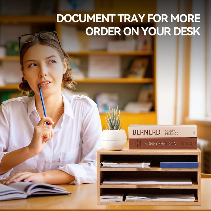 KIRIGEN Wooden Desk Organizer 3-Tier Letter Tray and Paper Sorter, Natural | Solid Wood Paper Tray Document Holder Organizer for Letters, Files, Folders, Mail, Magazines and Office Supplies - Image 7