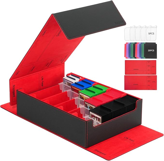 5 Row Trading Card Storage Box, 3800+Bulk Card Organizer Box with 20 Dividers & 5 Supporters, Graded Card Deck Box for YuGiOh, MTG, TCG with Double Lid Black/Red by Stepane