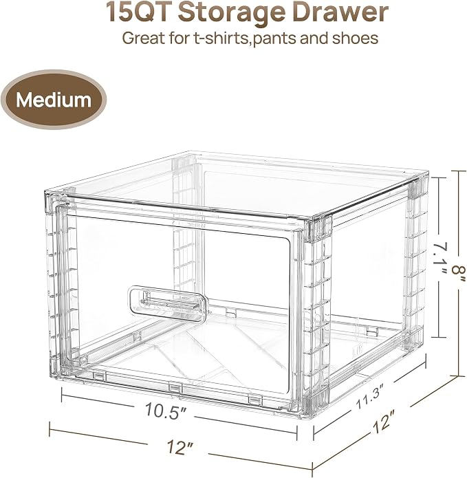 Vtopmart 4 Pack Clear Stackable Closet Storage Drawers 15QT, Medium | Easily Assemble Closet Organizers,Plastic Storage Bins for Bathroom,Cabinet,Kitchen Pantry,Under Sink Organization - Image 2