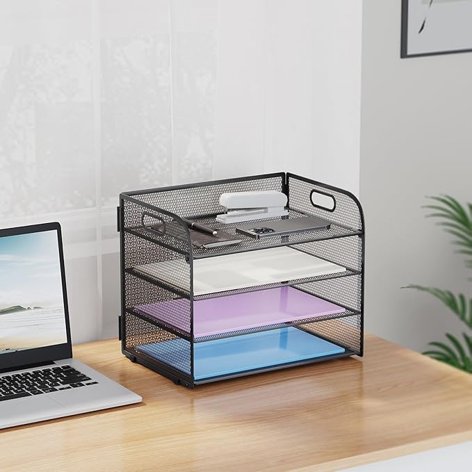 Marbrasse 4 Tier Paper Organizer Letter Tray - Mesh Desk File Organizer with Handle, Paper Sorter Organizer for Letter/A4 Office File Folder Holder (Black, 12.6" x 9.1" x 10.7") - Image 7