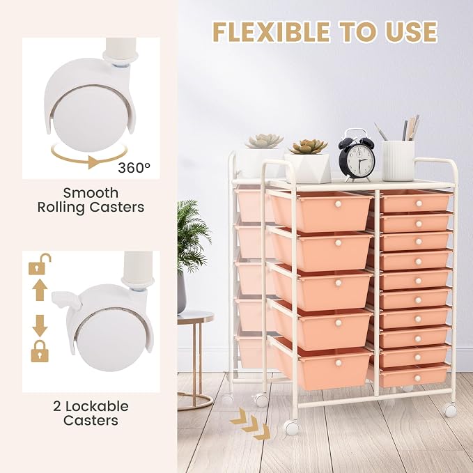 GOFLAME 15-Drawer Rolling Storage Cart, Craft Storage Cart with Removable Drawers & Lockable Wheels, Art Cart Supply Storage Organizer for Home Office Classroom, Peach Fuzz - Image 5