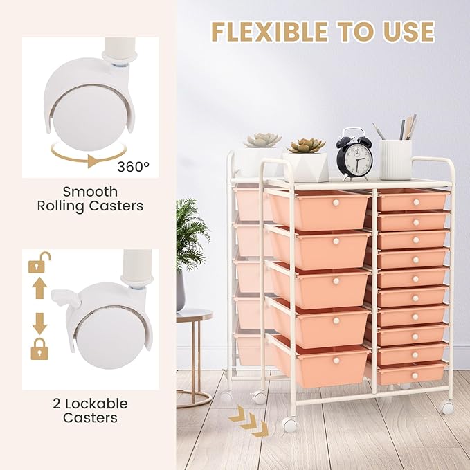 COSTWAY 15 Drawer Rolling Storage Cart, Mobile Utility Cart with Lockable Wheels, Drawers, Multipurpose Organizer Cart for Home, Office, School, Peach - Image 6