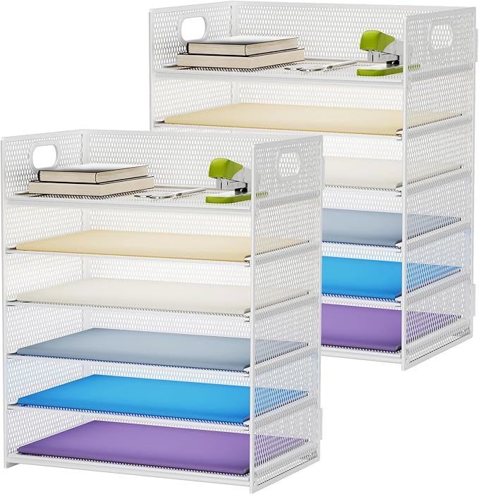 Marbrasse 2 Pack Desk Organizer with Handle, 6 Tier Paper Letter Tray, Mesh Desk File Organizer for Office, School and Home - Whtie by Marbrasse
